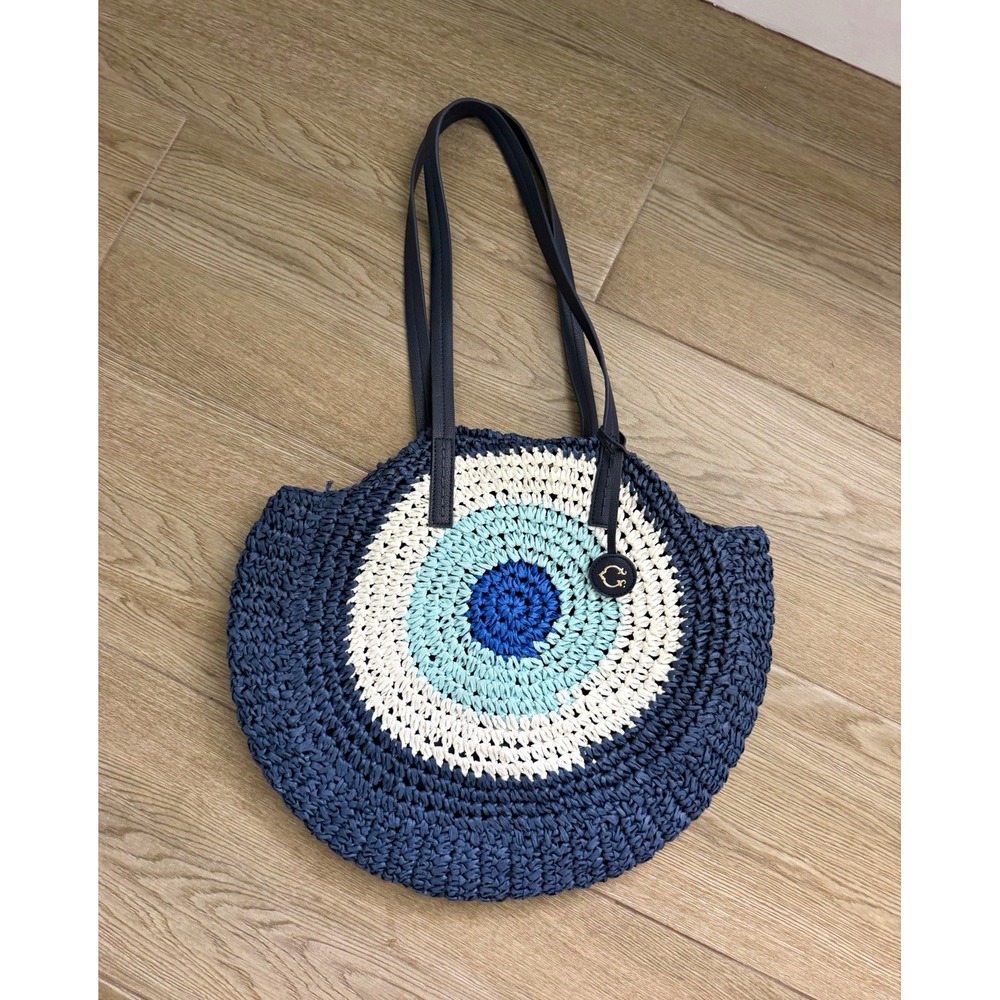 C. Wonder Evil eye Round Beach Crochet Straw Tote Blue/White Zip Lined